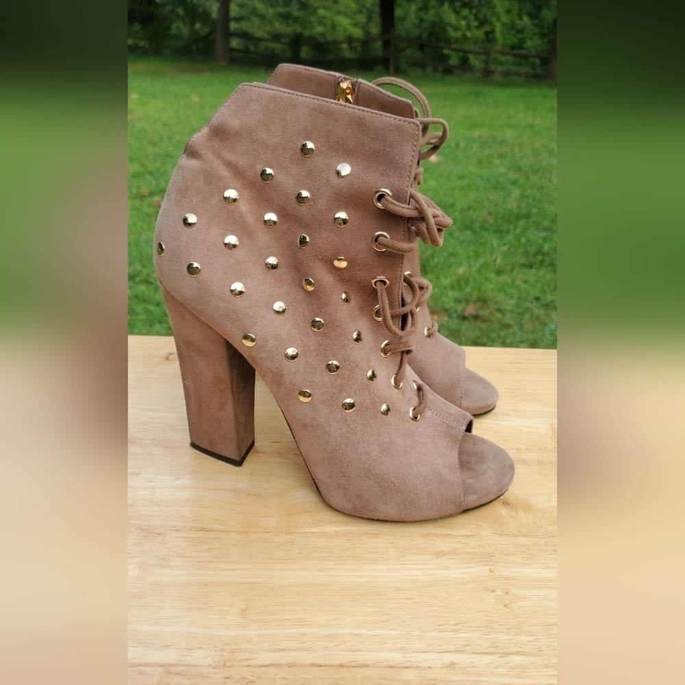 Vero Cuoio Zanotti‎ Brown Alien 115 Gold Studded Peep Toe Lace Up Bootie Size 39